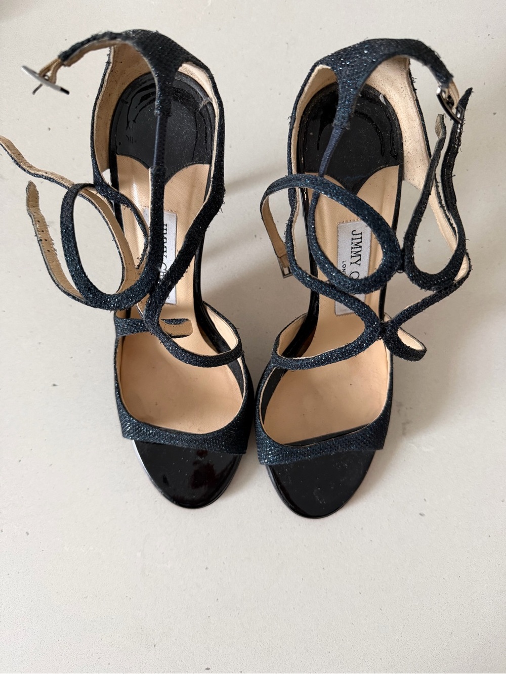 Jimmy Choo Black Glitter Strappy High Heel Sandals